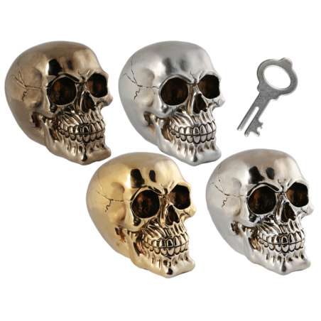 Spardose mit Schloss, Totenkopf, ca. 15 cm, sortiert